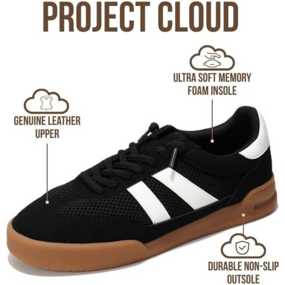 Women's Black Genuine Leather Memory Foam Lightweight Slip On Fashion Sneakers - Picture 3 of 5